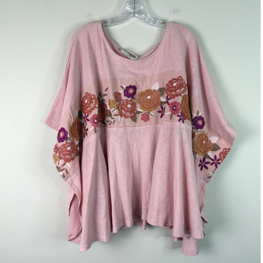 Savanna Jane Top Women 2X/3X Pink Floral Embroidered Boho Poncho T12570-2PLUS